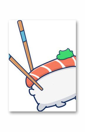 Flat design chopsticks are holding salmon nigiri, showing rice and wasabi on transparent background
