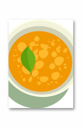 Flat design bowl sitting on transparent backdrop is holding orange soup with green leaf garnish