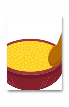 Red bowl is holding yellow grains with wooden spoon on transparent background in flat illustration