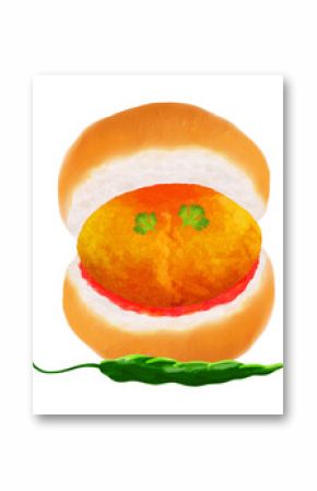 Burger is showing buns, patty, red sauce, chili pepper in flat design with transparent background
