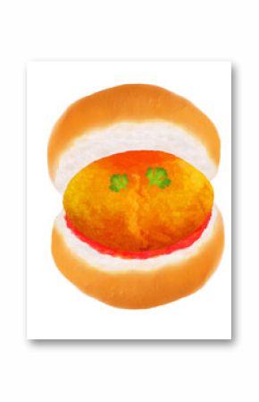 Burger is featuring buns, patty, cilantro leaves, red sauce, vector, transparent bg, copy space