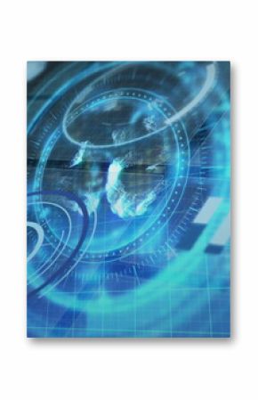 Spinning holographic Earth projection hovering over blue grid, with concentric rings and bar charts