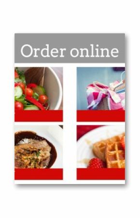 Showing flat UI food ordering on transparent bg featuring nav icons, cart icons and four foods