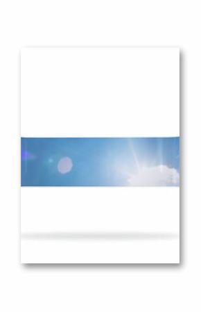 Sky-textured bar shape is floating above white floor, flat design featuring lens flare, copy space