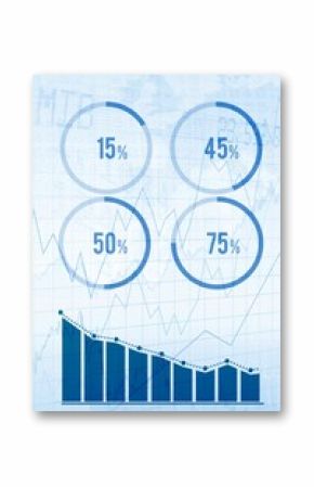 Flat design dashboard is showing four blue circular gauges above bar chart with dotted trend line