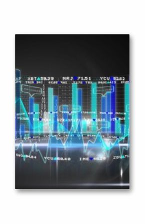 3D holographic financial display is floating over reflective platform with bar charts, line graphs