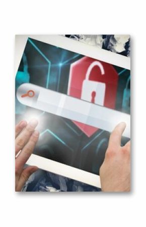 Hands touching search bar on tablet screen