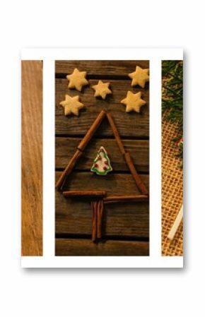 Christmas-themed flat-lay display is showing tree-shaped lollipops, cookies and wooden ornaments
