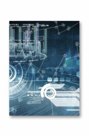 Futuristic virtual interface is displaying 3D bar charts and circular HUD targets in flat design