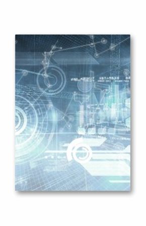 Large translucent HUD chart floating above 3D grid with binary code, bar graphs, hex network nodes