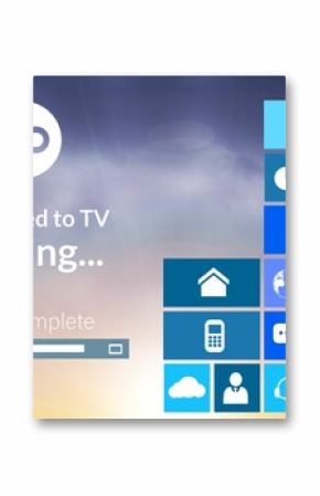 Progress bar and text with various icons on device screen