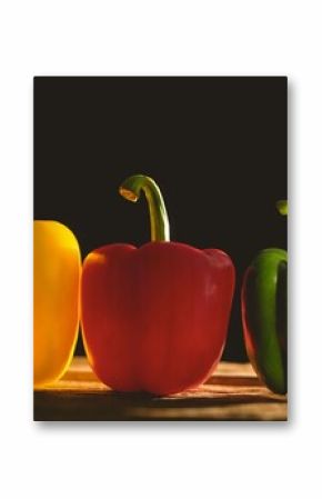 Close-up multi colored bell peppers arranged in a row