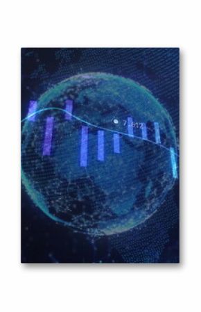 Floating 3D globe displaying neon bar and line graphs in data interface, with numerical labels