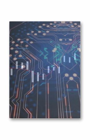 Showing circuit traces on data visualization, with bar chart, glowing nodes and red line graph