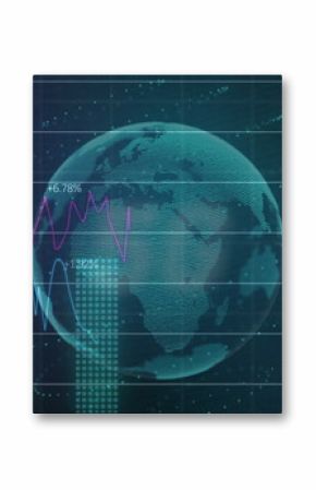 Spinning 3D globe in financial dashboard, grid lines, bar columns, pink and blue lines, percentages