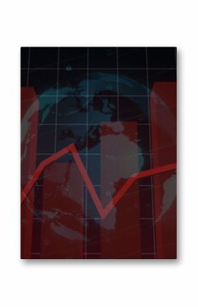 Displaying red bar and line chart over dotted globe on dark grid dashboard, with security icons