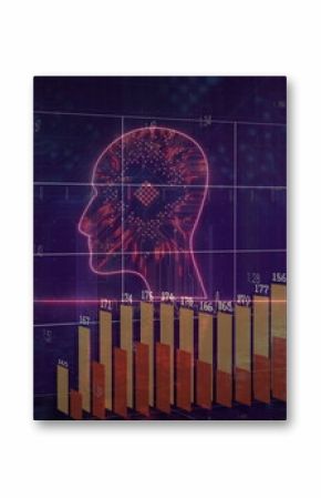 Displaying neon red wireframe head hovering on 3D grid, multicolored bar chart with numeric labels