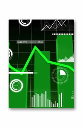Displaying green bar chart columns and bright line graph on data dashboard, with gauge overlays