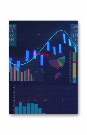 Displaying financial dashboard onscreen with tables and bar charts, cyan trend line, pie segments