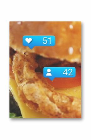 Showing chicken sandwich with sesame bun, cheese, tomato in kitchen, blue notification icons