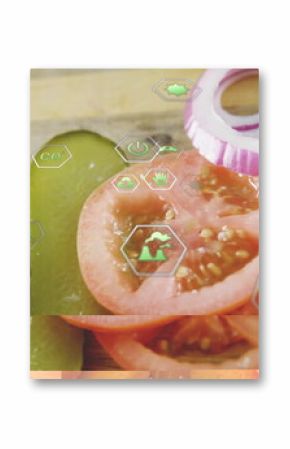 Displaying lettuce, pickles, tomatoes and onions lining chopping board in kitchen with eco icons