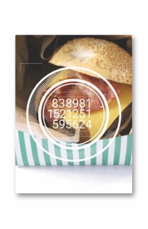 Showcasing sesame-seed hamburger in green-white striped takeout box on counter with numeric overlay