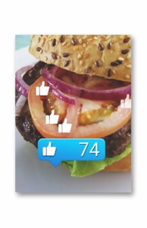 Floating thumbs-up icons engaging seeded hamburger on turquoise table, like count bubble showing 74