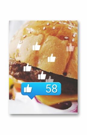 Sitting cheeseburger wrapped in paper on cafe counter with thumbs-up icons and notification bubble