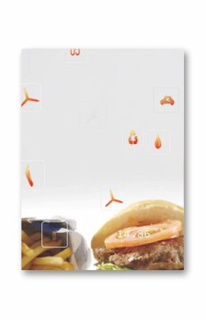 Presenting fast-food items resting on white tabletop, with fries burger soda and metric icons