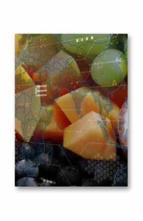 Showing melon cubes, green grapes, blueberries, halved passion fruit in studio with digital overlay