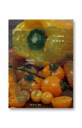 Showing yellow bell peppers and orange cherry tomatoes on vine on wooden table, with data overlays