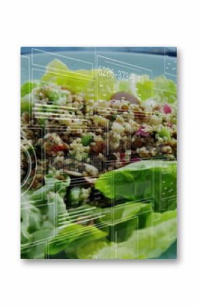 Arranging lettuce cups filled with grain salad on pale-blue plate in kitchen, showing UI panels