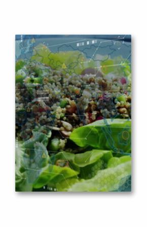Showing butter lettuce wraps cradling seed-and-grain salad on white ceramic plate, digital overlays