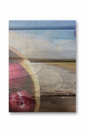 Presenting wooden bowl holding red plums on weathered kitchen table, with sandy shoreline overlay