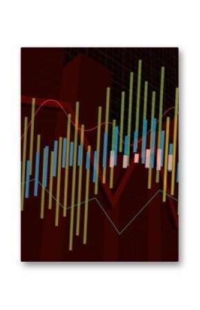 Displaying 3D red columns and multicolored bar segments over black grid backdrop, with trend lines