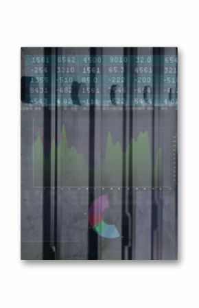 Displaying digital dashboard at data center with colored bar charts, line graphs, numeric data grid