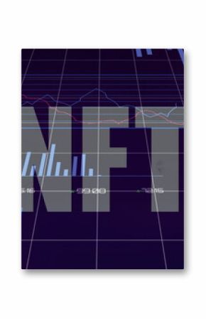 Displaying semi-transparent NFT floating over 3D grid dashboard, with bar charts and line graphs