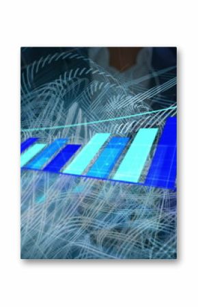 Projecting 3D bar chart rising above glowing data grid on desk, with professional analyzing metrics