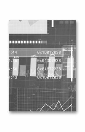 Displaying central bar chart panel and line graphs on analytics dashboard, with grid background