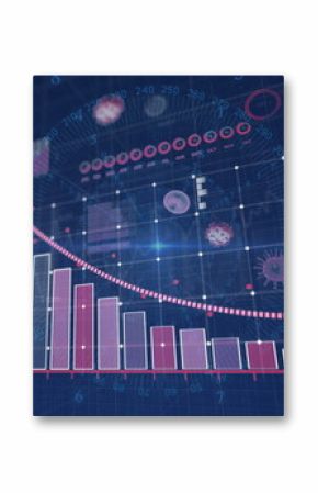 Showing red bar chart falling on blue grid dashboard, featuring dotted trend arrow and virus icons