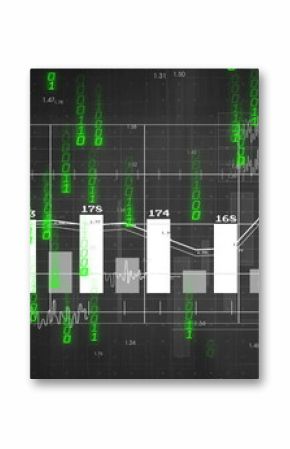 Displaying bar chart with line graph on numeric grid on screen cascading binary code and waveforms