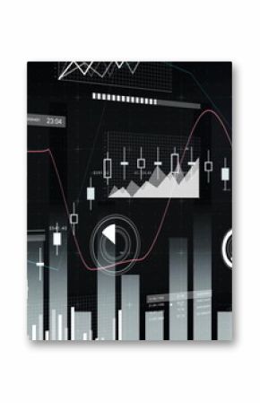 Displaying financial data on dark grid UI, showing bar charts, candlesticks, line graphs and gauges