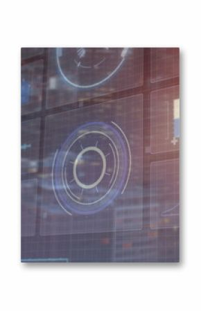 Showing holographic data interface in tech lab, with concentric gauges, bar chart and line plot