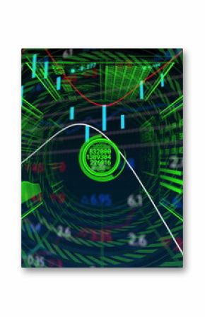 Displaying glowing circular interface flowing data in wireframe tunnel, with line graphs bar charts
