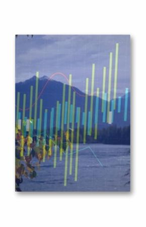 Overlaying translucent neon bar and line charts over alpine lakeside, with yellow and green leaves