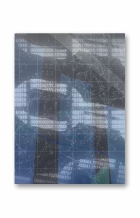 Displaying 3D rising arrow graph with colorful bar chart in dashboard, with network grid, data flow