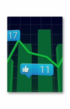 Displaying chart showing green bar columns with line graph on dashboard, with blue callout labels