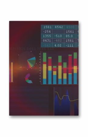 Displaying dashboard on dark screen, showing bar, pie, line charts and tables with red lens flare