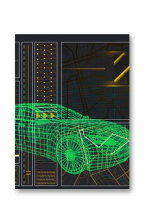 Displaying neon green 3D wireframe car model in dashboard interface, with line graph and bar charts