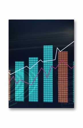 Displaying bar chart showing white and magenta trends on data dashboard, with turquoise brown bars